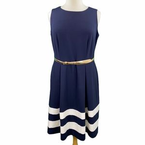 Calvin Klein Navy Striped Belted Sleeveless Dress